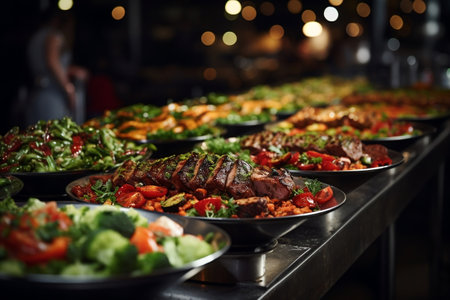 Indoor restaurant catering buffet with an assortment of delicious foodの素材