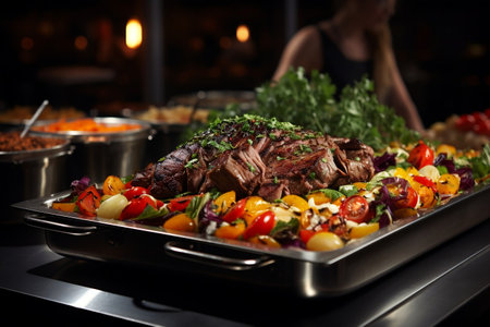 Indoor restaurant catering buffet with an assortment of delicious foodの素材