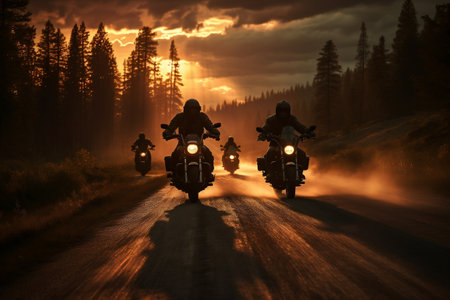 A collective of motorcycle enthusiasts riding together along a scenic route.の素材