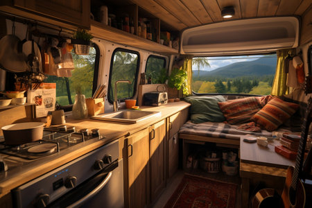 Cozy van lifestyle with a charming kitchen interior.の素材
