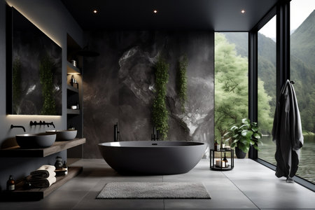 Sophisticated bathroom interior featuring richly hued walls and marble accentsの素材