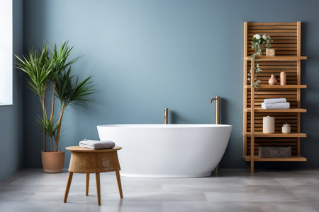 Sophisticated bathroom interior featuring richly hued walls and marble accentsの素材