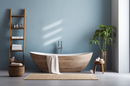 Sophisticated bathroom interior featuring richly hued walls and marble accentsの素材