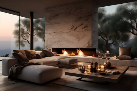 Contemporary living room featuring a fireplaceの素材