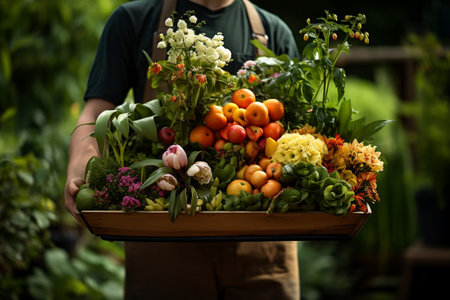 An attractive gardener stands in a lush garden, holding a basket of fresh fruitの素材