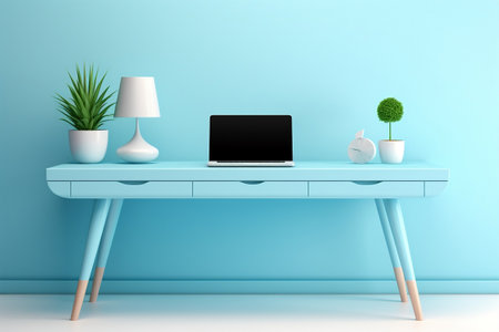 Minimalistic office table in a serene pastel blue monochromeの素材