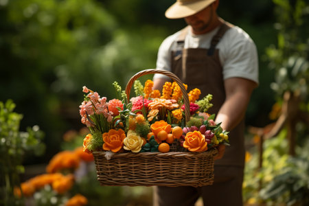 An attractive gardener stands in a lush garden, holding a basket of fresh fruitの素材