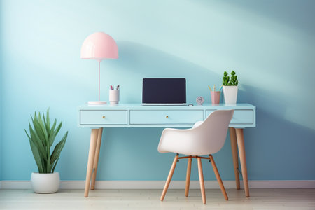 Minimalistic office table in a serene pastel blue monochromeの素材