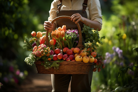 An attractive gardener stands in a lush garden, holding a basket of fresh fruitの素材