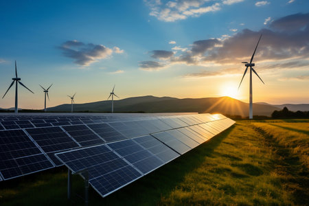 Solar Panels and Turbine Against a Clear Blue Sky in an Eco-Friendly Environmentの素材
