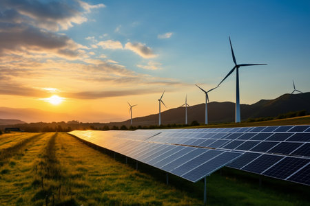 Solar Panels and Turbine Against a Clear Blue Sky in an Eco-Friendly Environmentの素材