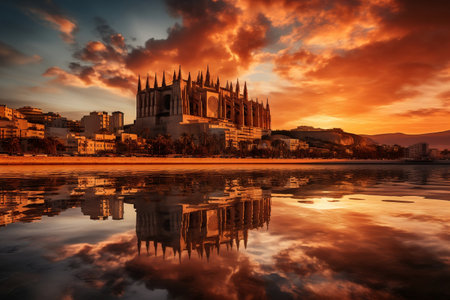 The Stunning Sunset View of La Seu Cathedral in Palma de Mallorcaの素材