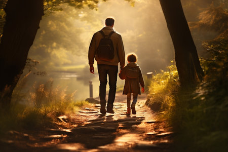 A man walks with his children along a pathの素材