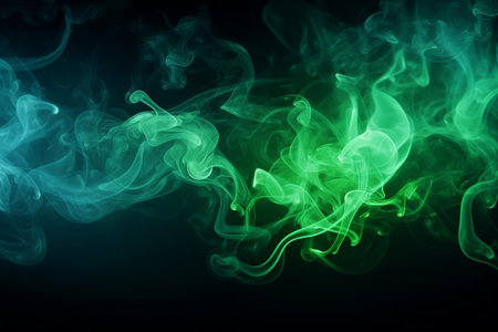 Abstract backdrop featuring a cloud of green and blue smokeの素材