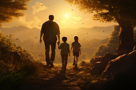 A man walks with his children along a pathの素材