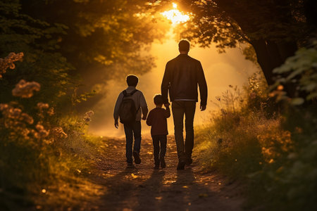 A man walks with his children along a pathの素材