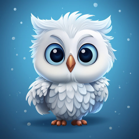 An amazing white owl accompanied by a cute little cartoon chickの素材