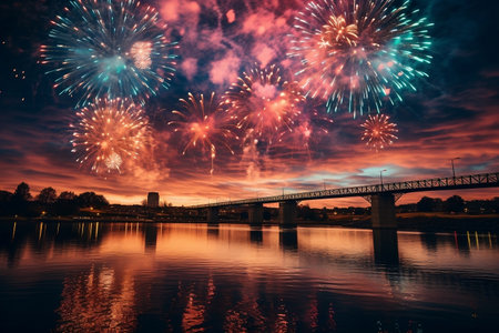 Fireworks illuminating the night sky over the riverの素材