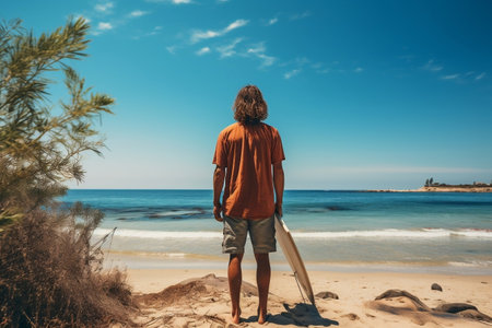 A joyful beachgoer holding a surfboardの素材