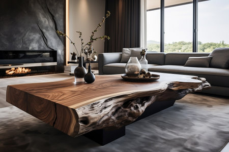 Live-edge wooden coffee table complemented by textileの素材