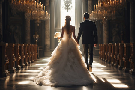 Walking down the aisle, the adoring wedding couple in love is captured from behindの素材