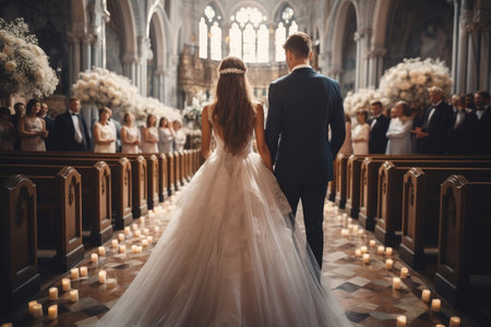 Walking down the aisle, the adoring wedding couple in love is captured from behindの素材