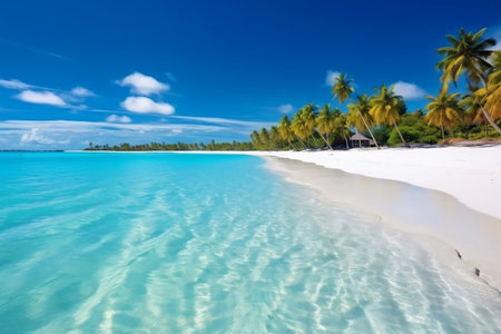 A stunning sandy beach adorned with pristine white sand and crystal-clear waterの素材