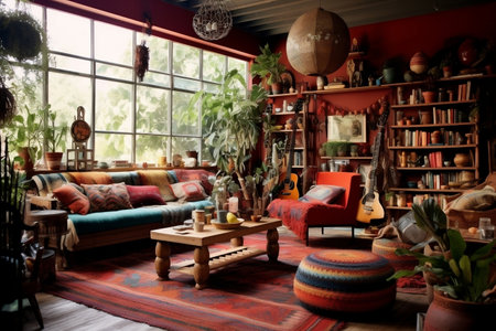 A stylish and vibrant bohemian-inspired living room interior designの素材