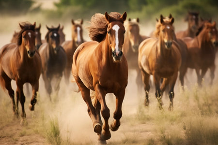 A herd of brown horses runningの素材