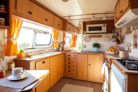 A cozy kitchen interior in a trailerの素材