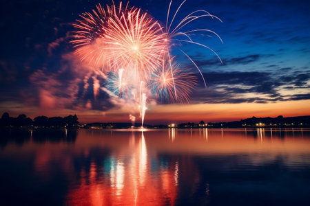 Vibrant fireworks display in blue, white, and red illuminating the night skyの素材