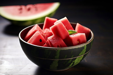 Freshly sliced watermelon in a bowlの素材