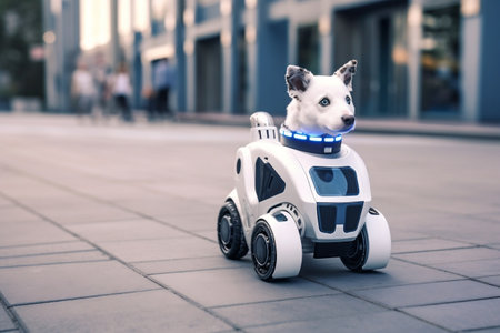 A futuristic police robot dog patrolling the cityの素材