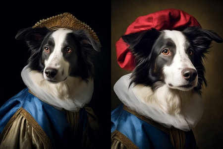 The transformation of a dog into a classical painting by dressing it upの素材