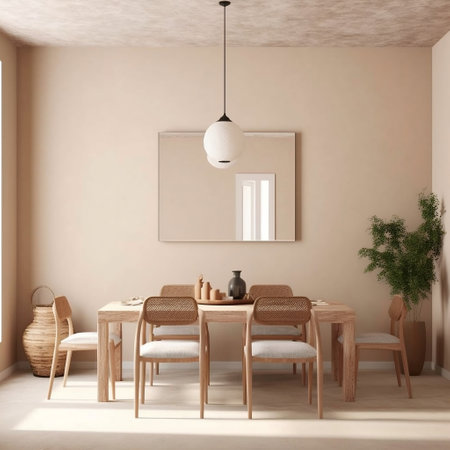 A beautifully designed dining room interior with a beige color schemeの素材
