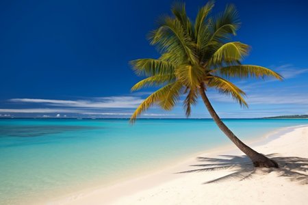 Tropical Paradise: Palm Tree Silhouetted against a Pristine Beach. Generative AIの素材