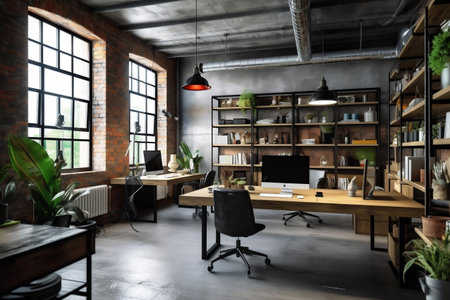 Stylish Loft Industrial Modern Office Interior. Generative AIの素材