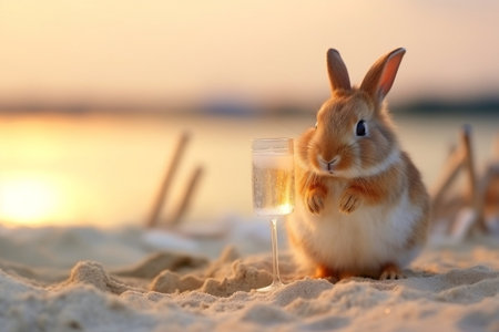 Rabbit Enjoying a Drink on the Beach. Generative AIの素材
