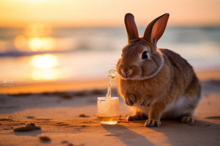 Rabbit Enjoying a Drink on the Beach. Generative AIの素材