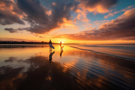 Mesmerizing Surfers Embracing Sunset's Majestic Sky. Generative AIの素材