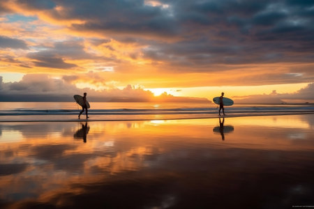 Mesmerizing Surfers Embracing Sunset's Majestic Sky. Generative AIの素材