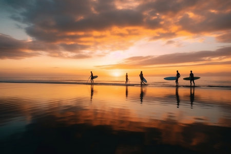 Mesmerizing Surfers Embracing Sunset's Majestic Sky. Generative AIの素材