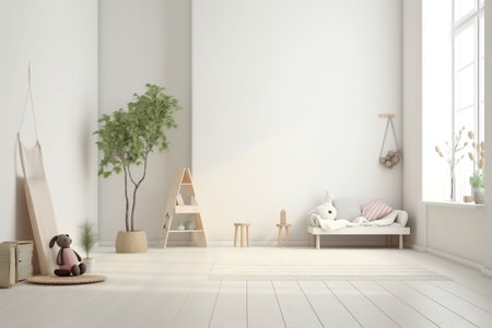 Cozy White Children's Room Interior Background. Generative AIの素材