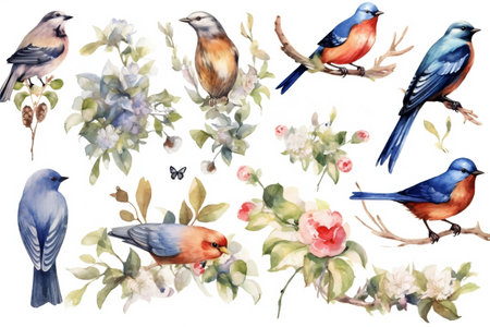 Vintage Watercolor Birds Illustration Set by design. Generative AIの素材