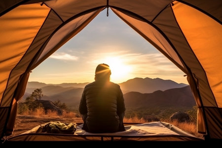 View from Tent: Young Man in His Camper. Generative AIの素材