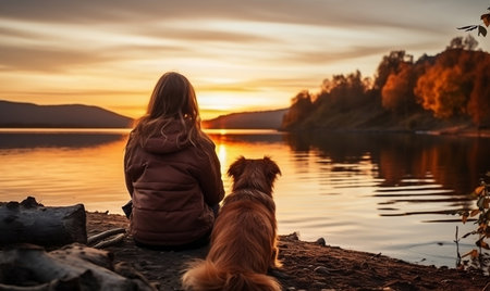 Young Woman and Her Dog Relaxing Together. Generative AIの素材