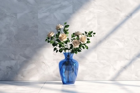 3D rendering of a transparent blue glass vase with white flowersの素材