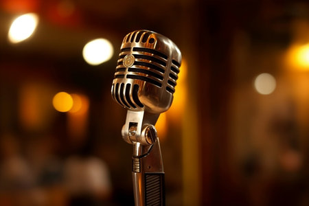 A professional microphone on a brightly lit stageの素材
