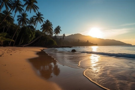 A serene tropical beach with swaying palm trees under a golden sunset skyの素材