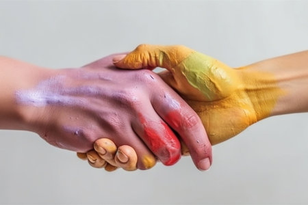 Close-up of hands painted in various colorsの素材